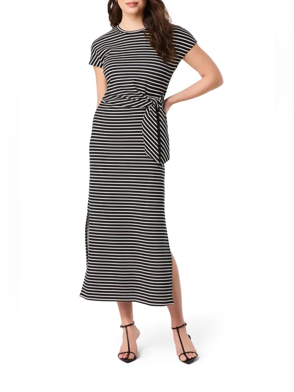 SPANX Stripe Tie Waist Maxi Dress in Black/White Stripe, Size Medium